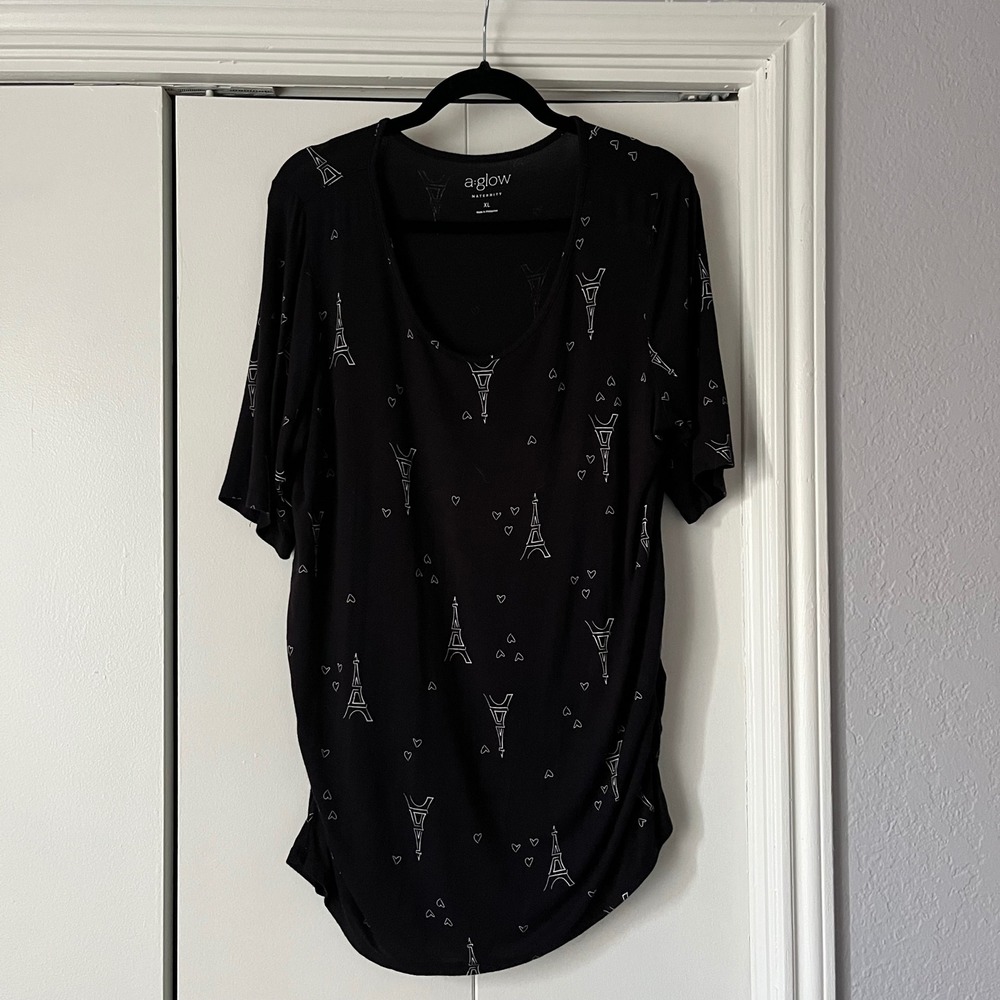a:glow Maternity Top Eiffel Tower Print Ruched Sides Black‎ XL